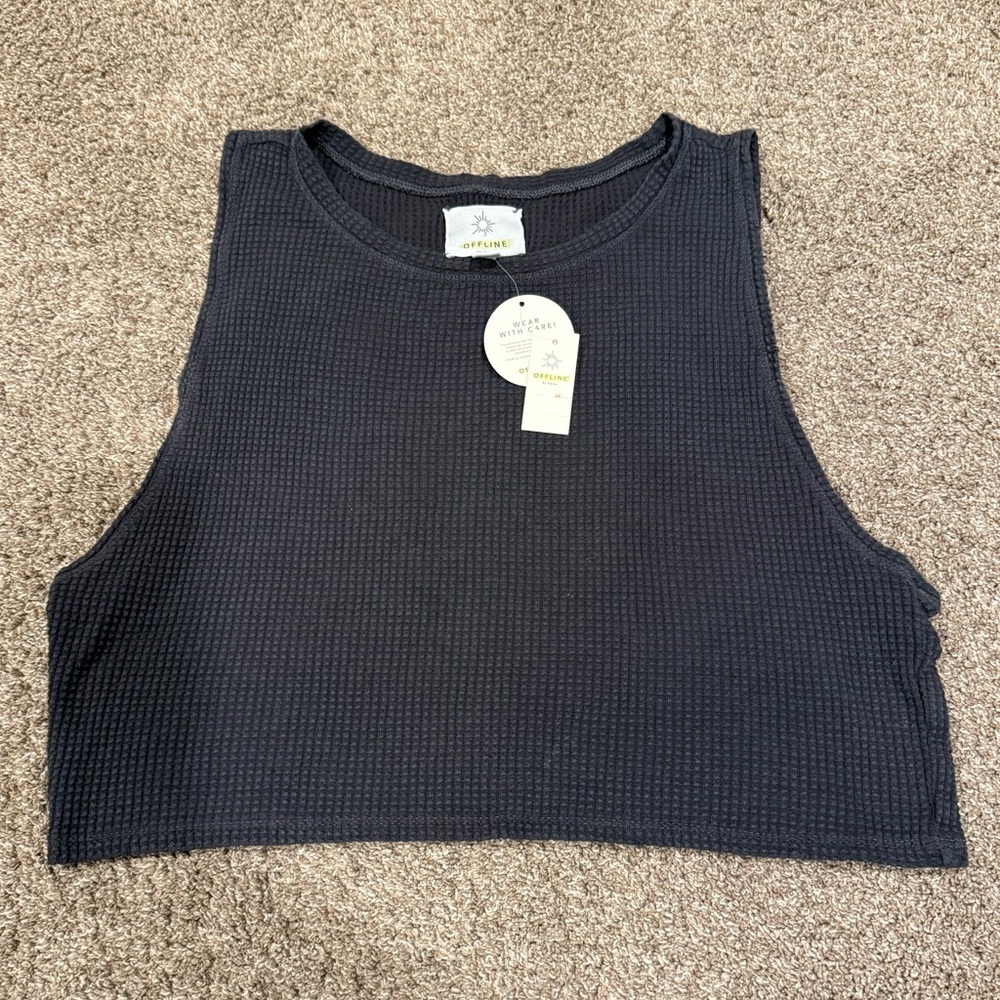 Aerie OFFLINE - Waffle Knit Grey/Black Crop Top - XS NWT